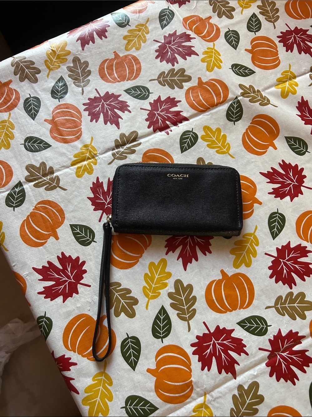 Coach Black Leather Wristlet Card Case with Gold Logo